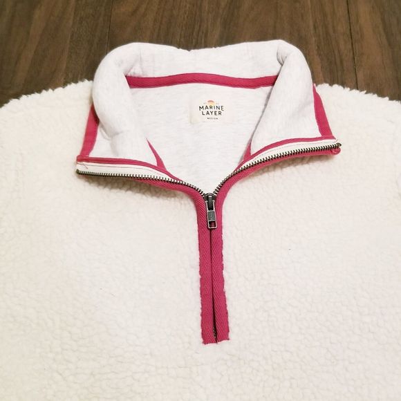 Marine Layer Sherpa Fleece Women's Size Medium Ivory Red Trim 1/4 Zip Pullover - Picture 3 of 5